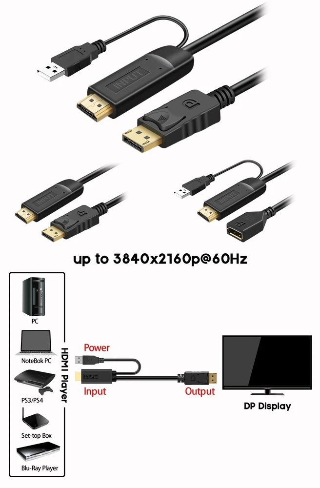 „PremiumCord“ HDMI 2.0 į DisplayPort 1.2 adapteris, 4K@60Hz raiška, 25 cm
