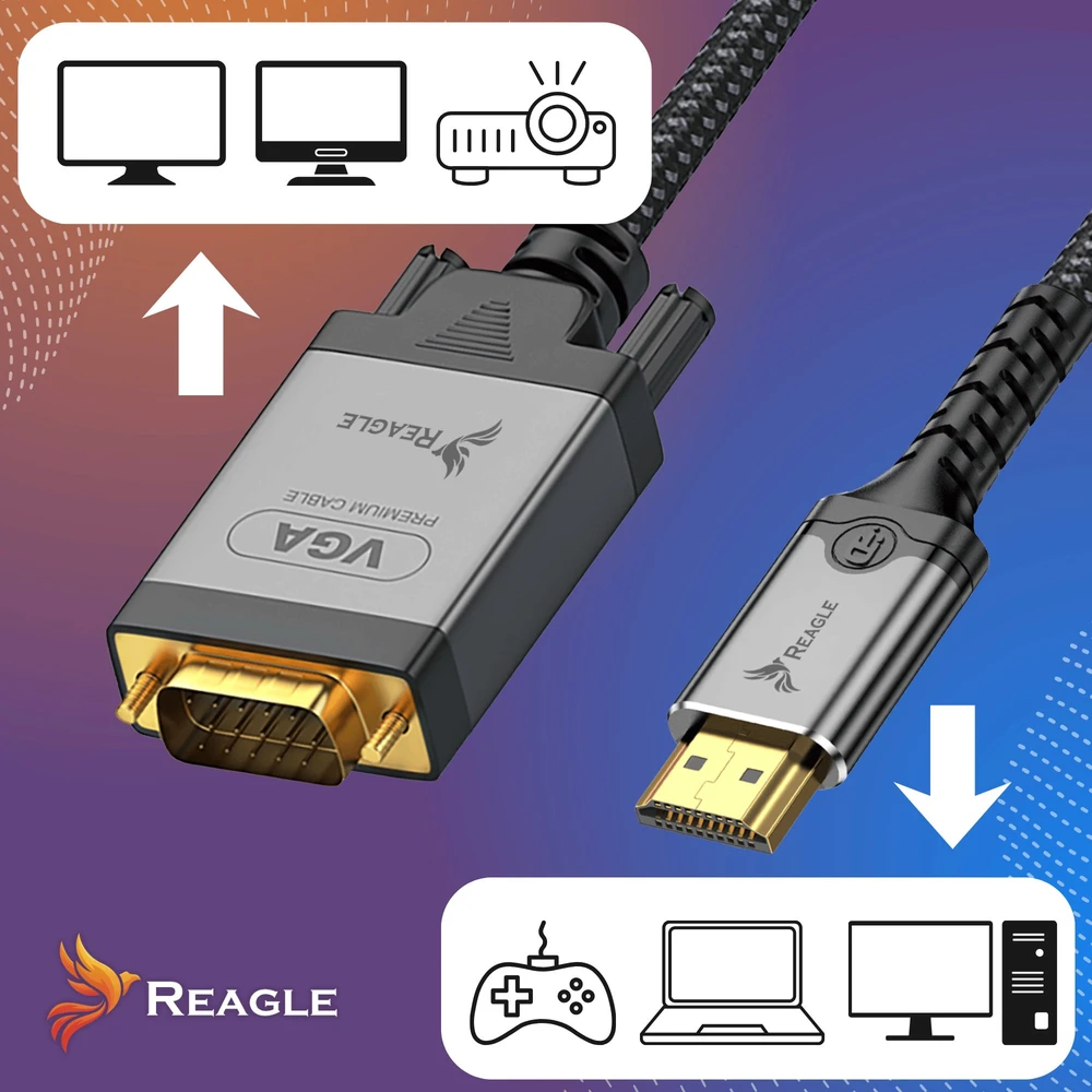 Adapteris AV Reagle Kabelis HDMI na VGA 2M FULL HD D-SUB Płaski Przewód Adapteris 1080p (RHVG200S)