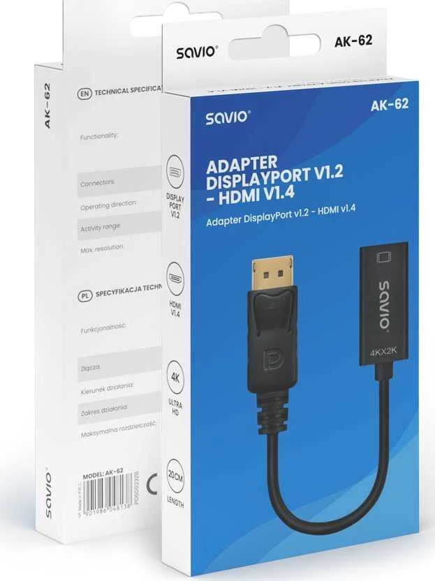 Adapteris Savio DisplayPort (M) v1.2 – HDMI A (F) v1.4, 4K, AK-62