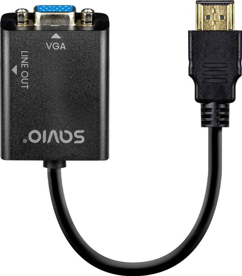 Savio HDMI į VGA adapteris su garsu AK-76, maksimali raiška iki 1080p, be išorinio maitinimo, su pridedamu 3 mm audio kabeliu
