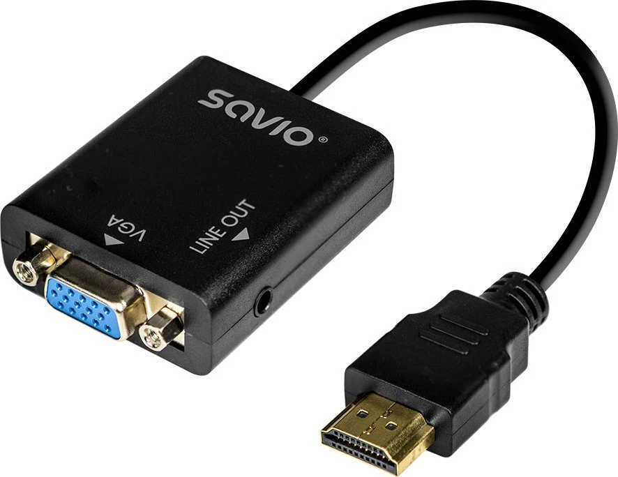 Savio HDMI į VGA adapteris su garsu AK-76, maksimali raiška iki 1080p, be išorinio maitinimo, su pridedamu 3 mm audio kabeliu