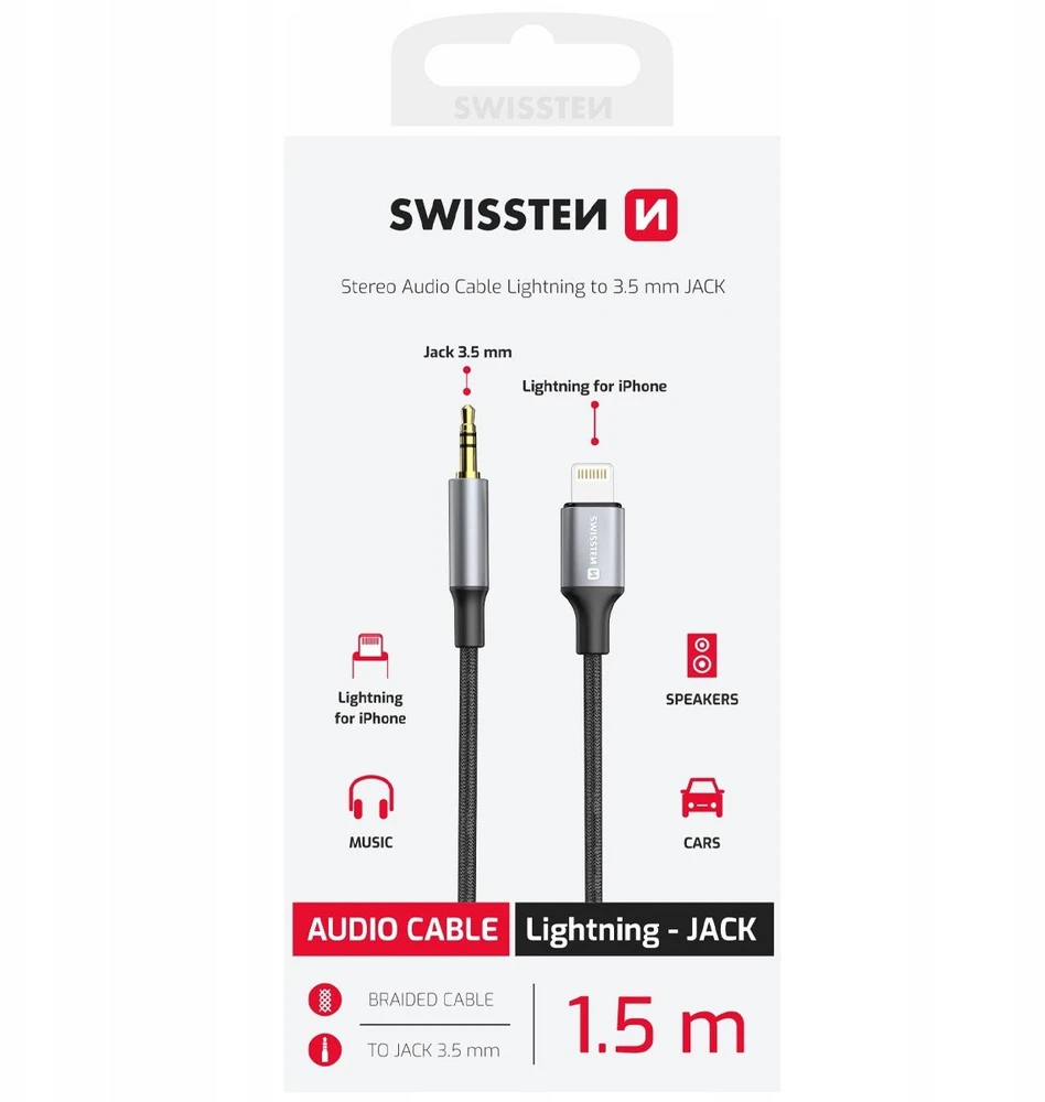AV adapteris „Swissten Audio“ tekstilinis „Lightning“ - 3,5 mm lizdo kabelis 1,5 m