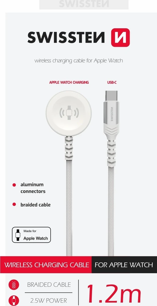 Swissten pintas metalinis magnetinis belaidis įkroviklis, skirtas Apple Watch USB-C 1,2 m