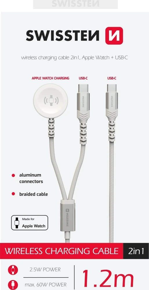 Swissten 2in1 belaidis įkroviklis, skirtas Apple Watch ir USB-C / USB-C / 1,2 m
