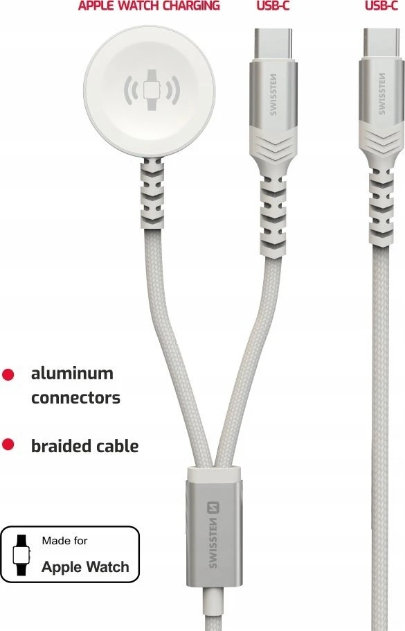 Swissten 2in1 belaidis įkroviklis, skirtas Apple Watch ir USB-C / USB-C / 1,2 m