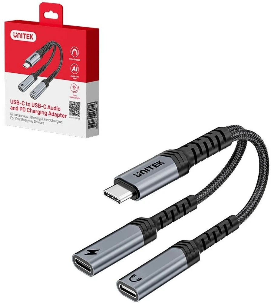UNITEK USB-C garso ir PD įkrovimo adapteris 15 cm