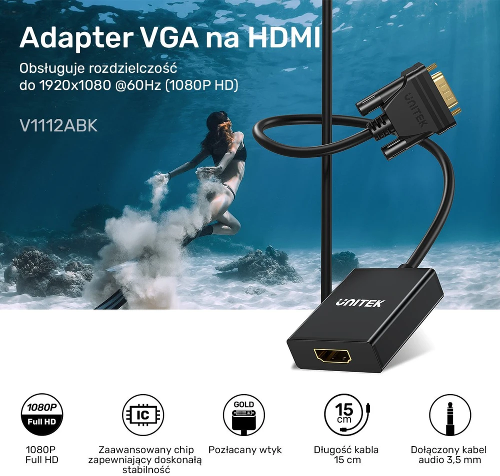 VGA Į HDMI KEITIKLĮ V1112ABK01 + AUDIO UNITEK