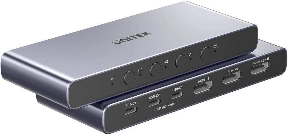 „Unitek 4K HDMI/USB-C“ jungiklis, 4 įėjimai, 1 išėjimas