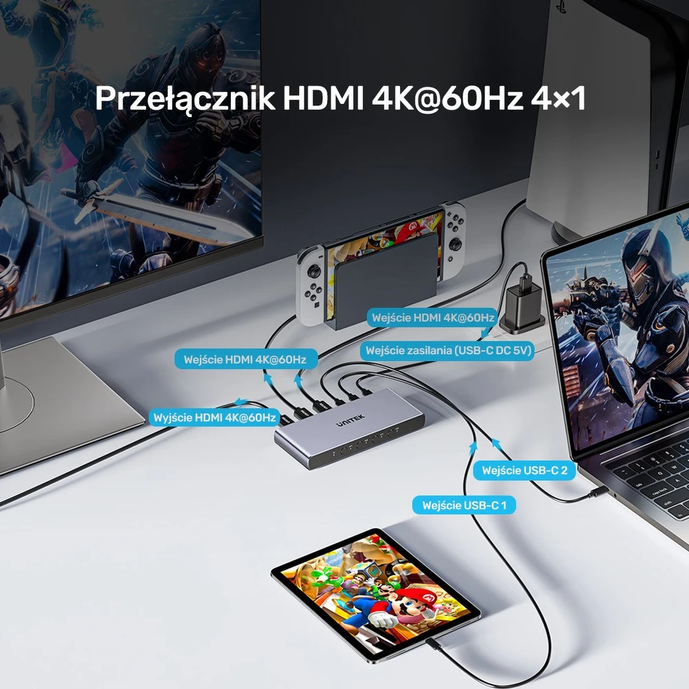 „Unitek 4K HDMI/USB-C“ jungiklis, 4 įėjimai, 1 išėjimas