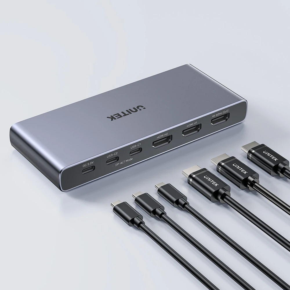 „Unitek 4K HDMI/USB-C“ jungiklis, 4 įėjimai, 1 išėjimas