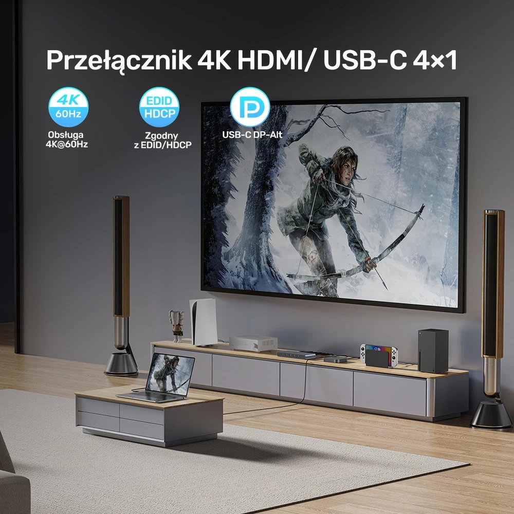 „Unitek 4K HDMI/USB-C“ jungiklis, 4 įėjimai, 1 išėjimas