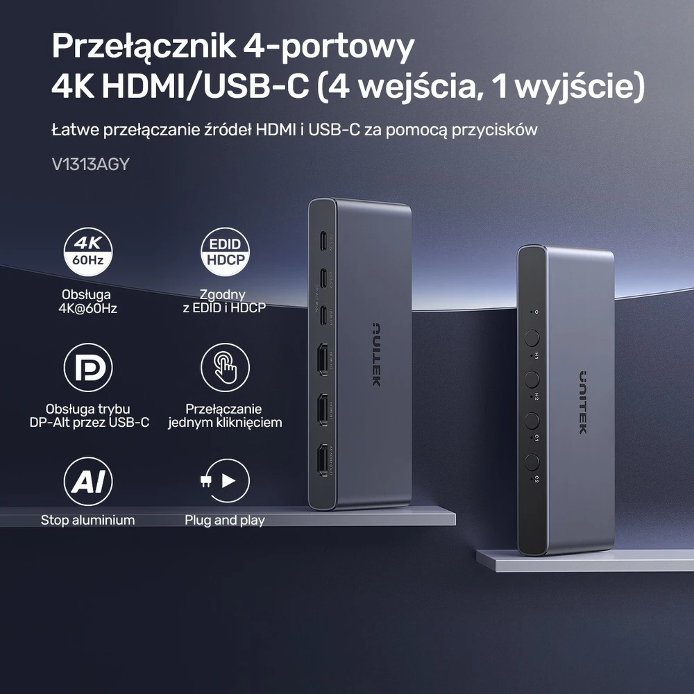 „Unitek 4K HDMI/USB-C“ jungiklis, 4 įėjimai, 1 išėjimas