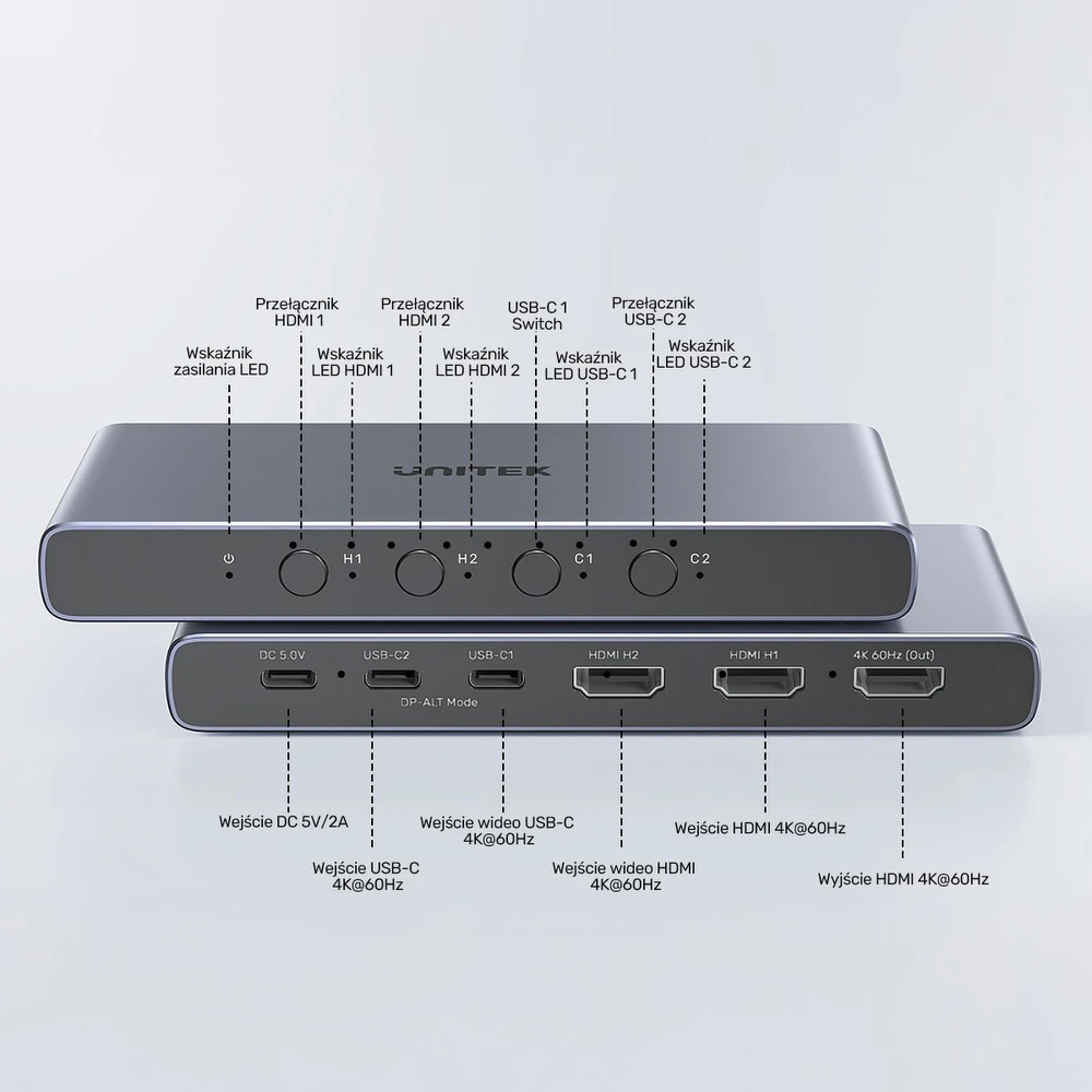 „Unitek 4K HDMI/USB-C“ jungiklis, 4 įėjimai, 1 išėjimas