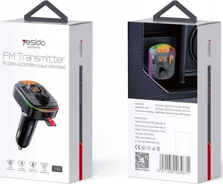 „Yesido“ FM siųstuvas Y45 MP3, „Bluetooth“ - 2xUSB + C tipo + „Micro SD“ - QC 18W PD 20W juodas