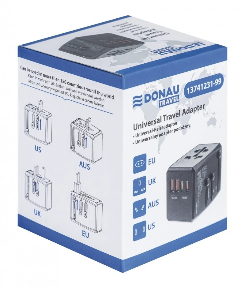 Donau Travel 904 adapterio pakuotė su kištukų schemomis