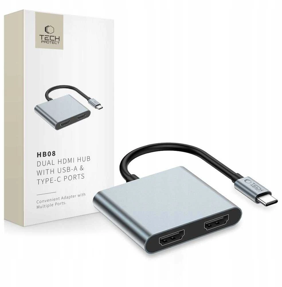 „Tech-Protect HB08 4in1“ USB-C + USB2.0 + 2 x HDMI 4K 60HZ adapteris - pilka