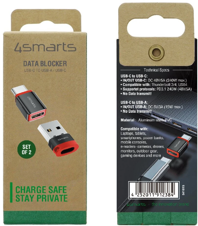 Adapteris 4smarts Data Blocker USB-C į USB-A/USB-C juodas 2vnt.