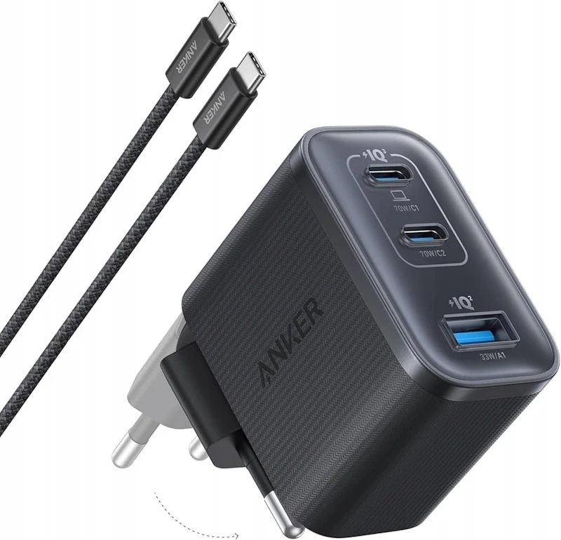 Anker Nano Charger 70W, 3 jungtys, Juodas | 2 x 24 pin USB-C, 4 pin USB Type A