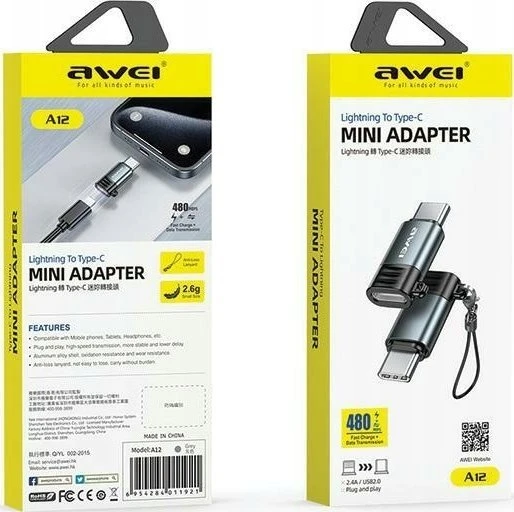 AWEI Adapteris A12 Lightning/USB-C pilkas