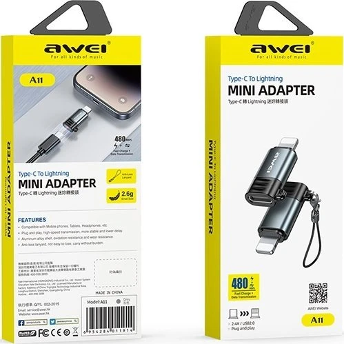 AWEI Adapteris A11 USB-C/Lightning pilkas