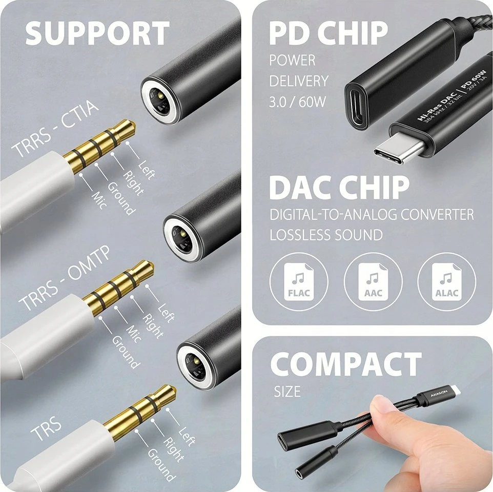 AXAGON | ADA-HCPD USB-C – Hi-Res DAC garso adapteris PD, 60W