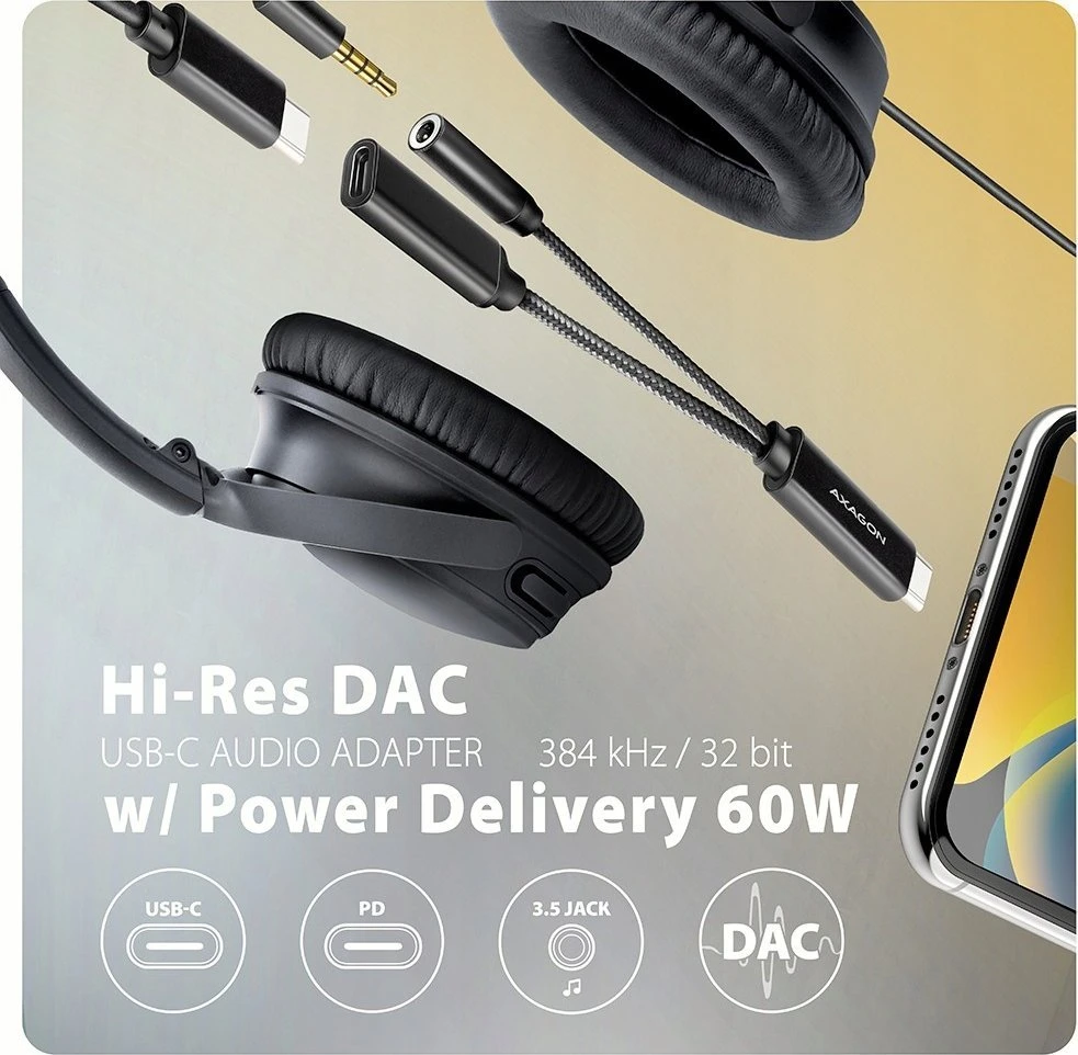 AXAGON | ADA-HCPD USB-C – Hi-Res DAC garso adapteris PD, 60W