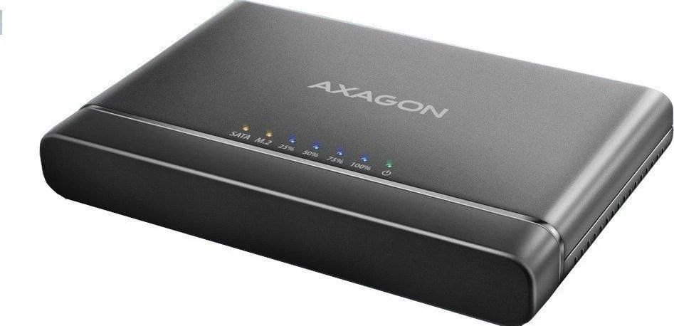 „Axagon USB 3.2 Gen 2“ adapteris, skirtas prijungti NVMe M.2 SSD diskus ir SATA 2.5''/3.5'' diskus su klonavimo funkcija.