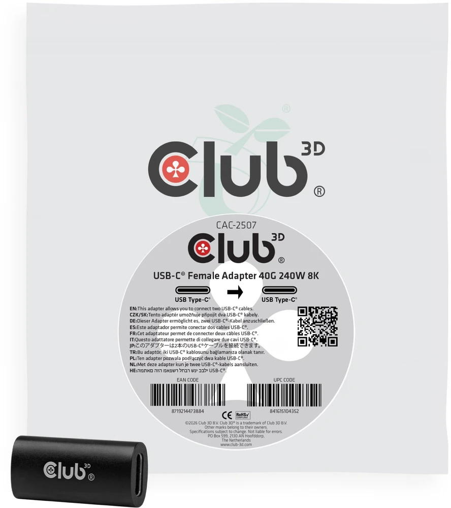Adapteris USB Club 3D CLUB3D kabelis USB USB4 Gen 3x2 USB C 40 Gbit/s 240 W juoda (CAC-2507)