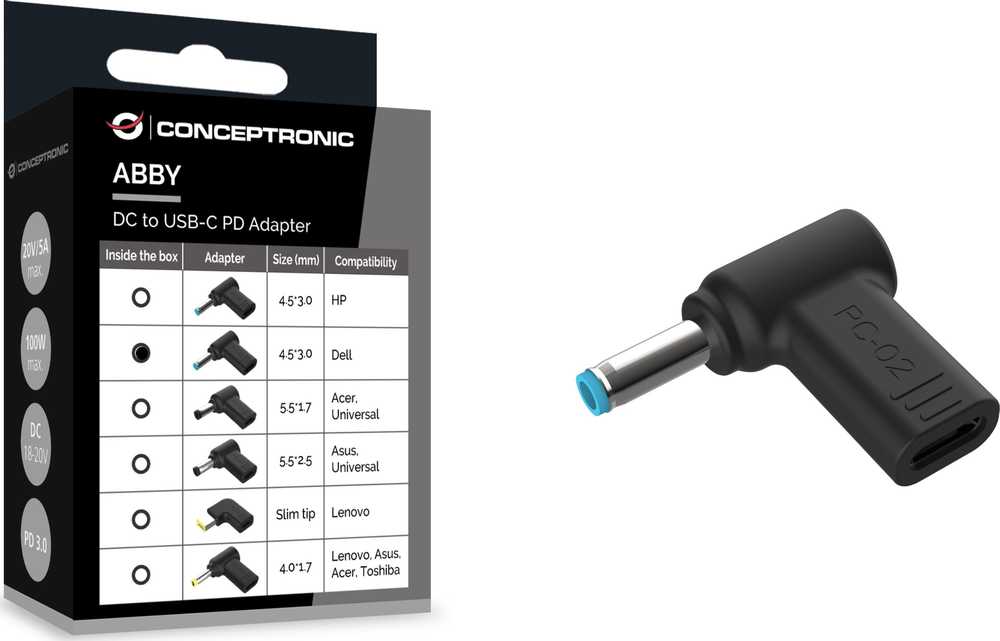 Adapteris USB Conceptronic ABBY15PC02 USB-C - DC-in Juodas (ABBY15PC02)