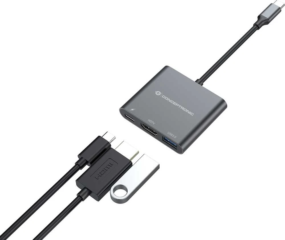 „Conceptronic“ USB šakotuvas, USB-C -> HDMI, 2xUSB3.0, PD, SD 0.15m
