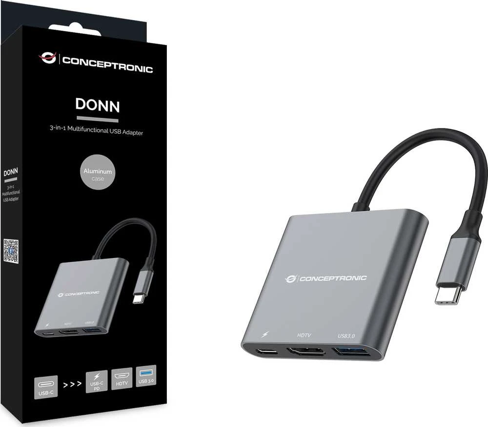 „Conceptronic“ USB šakotuvas, USB-C -> HDMI, 2xUSB3.0, PD, SD 0.15m
