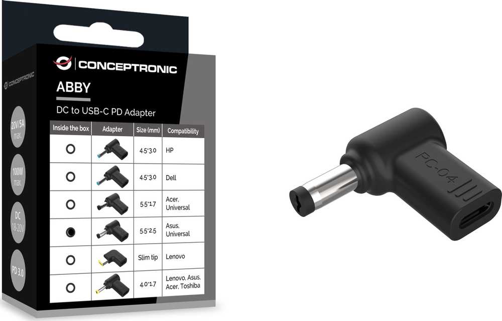 Adapteris USB Conceptronic USB-C - DC-in Juodas (ABBY15PC04)