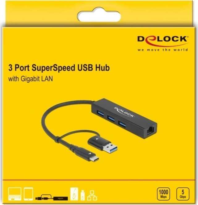 Delock 3 Port USB 3.2 Gen 1 Hub + Gigabit LAN