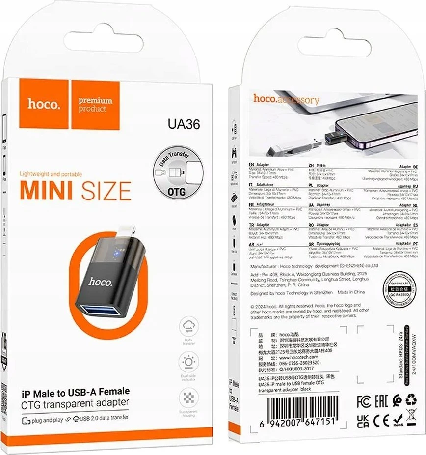 Adapteris OTG Lightning to USB A Hoco UA36 juodas transparent