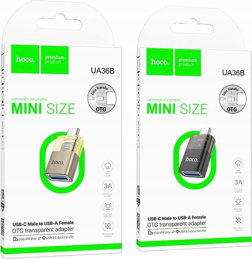 Adapteris OTG USB C to USB A Hoco UA36B transparent juodas