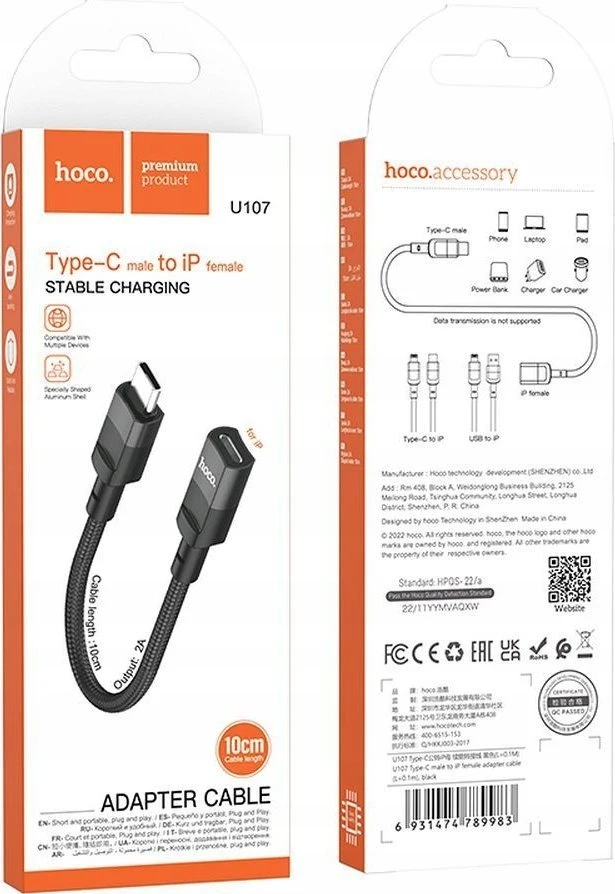 Adapteris OTG USB C į Lightning Hoco 3A 0,1 m U107 juodas