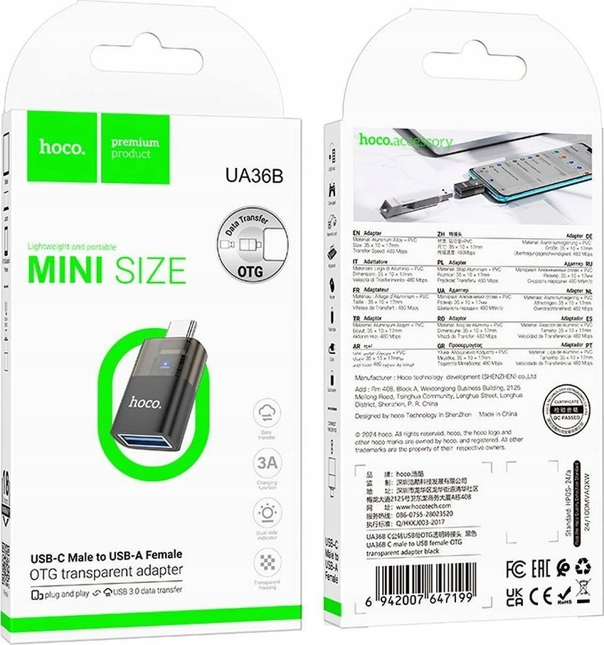Adapteris OTG USB C to USB A Hoco UA36B transparent juodas