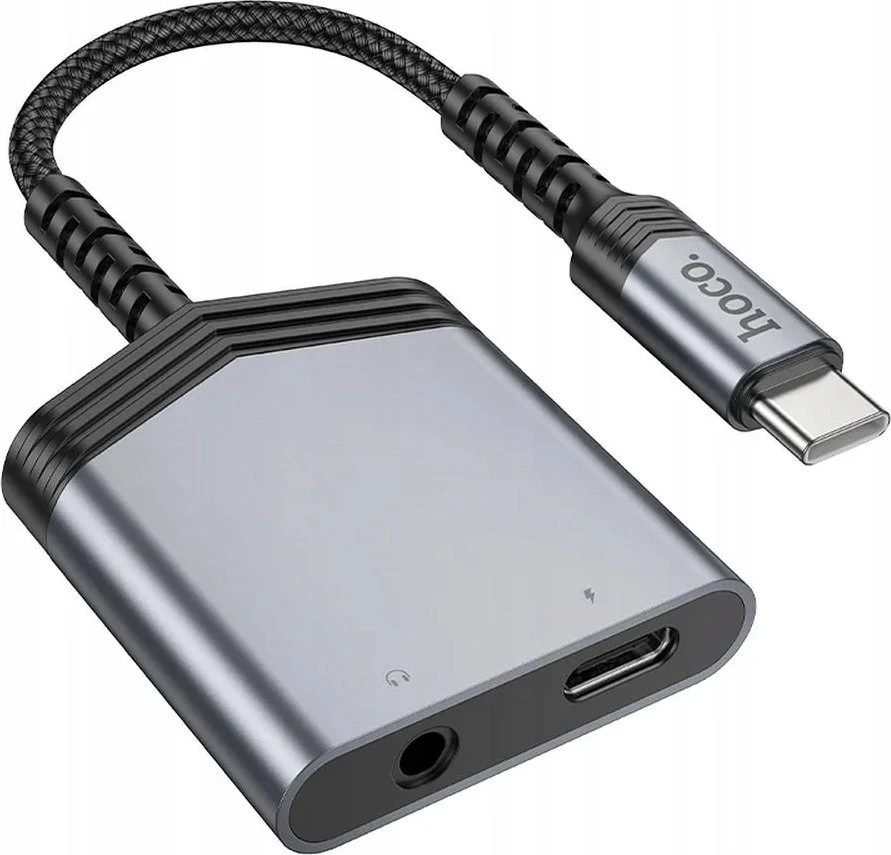 Adapteris AUX 2w1 USB C į USB C / Jack 3,5 mm Hoco 27W LS39 metalinis pilkas