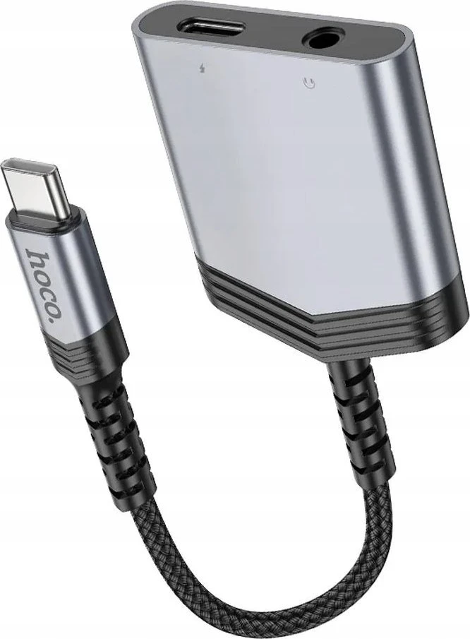 Adapteris AUX 2w1 USB C į USB C / Jack 3,5 mm Hoco 27W LS39 metalinis pilkas
