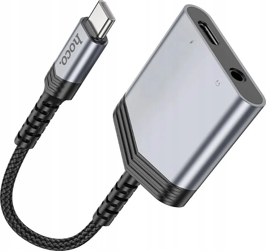 Adapteris AUX 2w1 USB C į USB C / Jack 3,5 mm Hoco 27W LS39 metalinis pilkas