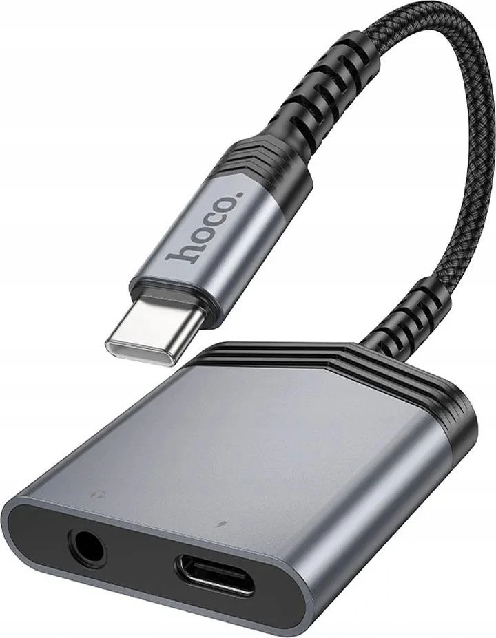 Adapteris AUX 2w1 USB C į USB C / Jack 3,5 mm Hoco 27W LS39 metalinis pilkas