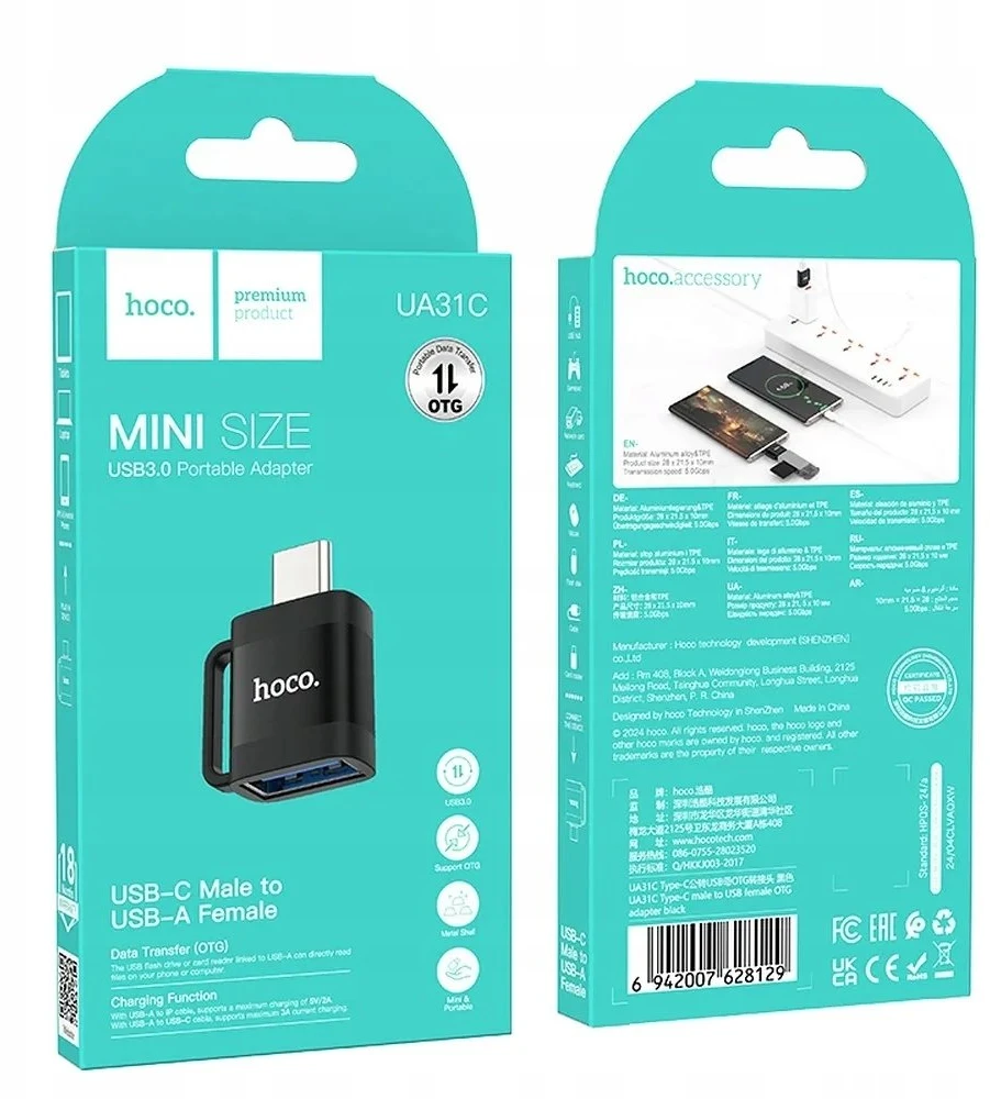 Adapteris OTG USB C to USB A Hoco 3A UA31C juodas