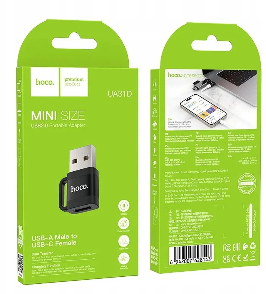 Adapteris OTG USB A to USB C Hoco 3A UA31D juodas
