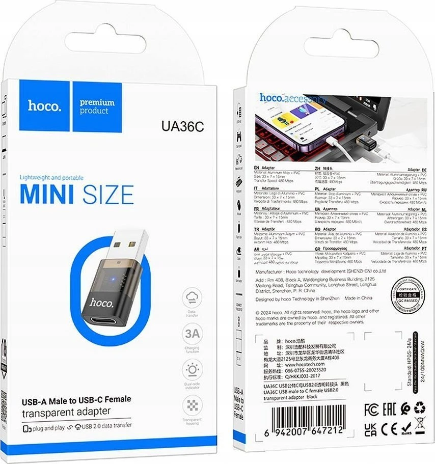 Adapteris USB A to USB C Hoco UA36C transparent juodas