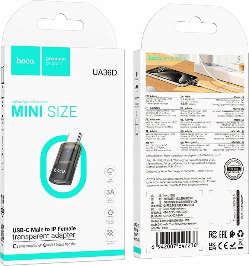 Adapteris USB C to Lightning Hoco UA36D transparent juodas