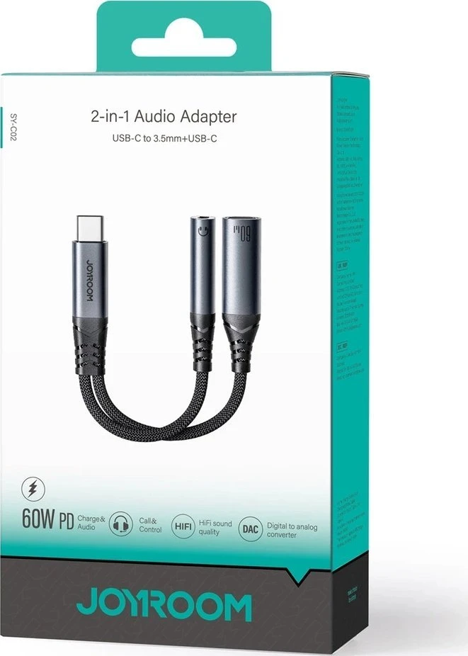 Du viename garso adapteris Joyroom SY-C02 Type-C iki 3.5 mm + Type-C (juodas)