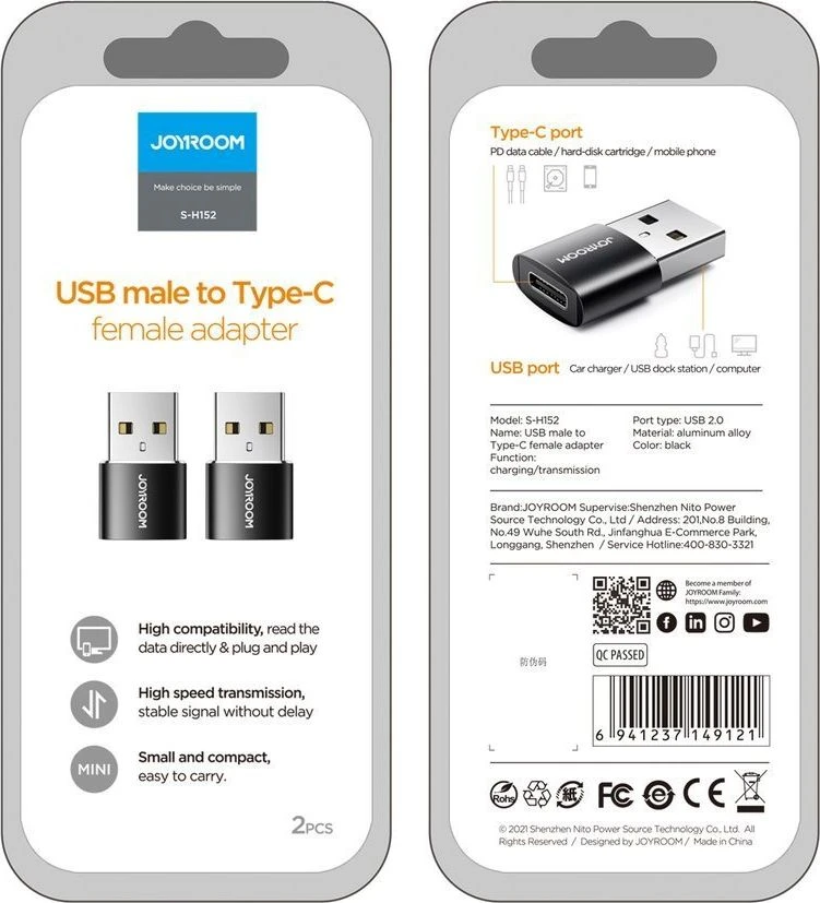 C tipo USB vyriškas-moteriškas adapteris (2 vnt.) Joyroom S-H152 (juodas)