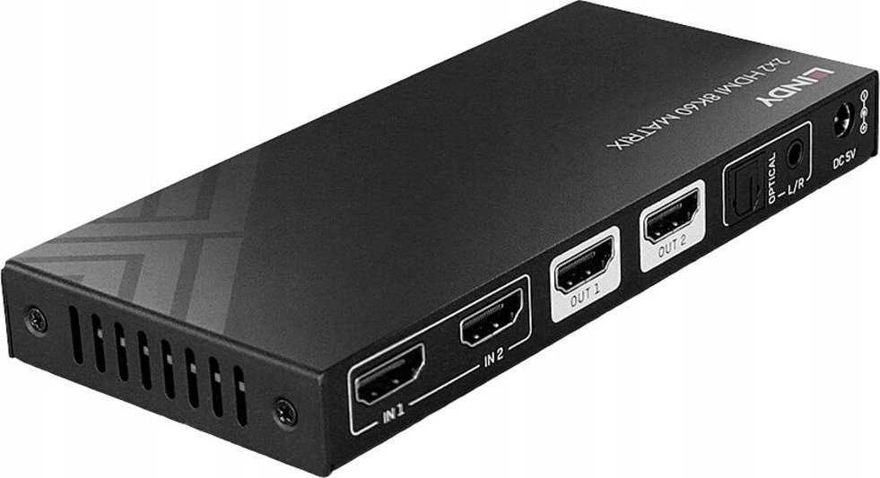 AV Jungiklis - LINDY 2x2 HDMI 8K60 Matrix Sujungimas ir Perjungimas, HDMI 2.1, 40Gbps Pralaidumas, Juodas