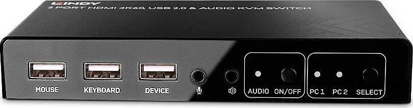 KVM Switch - LINDY 2 Prievadų HDMI 4K60, USB 2.0 ir Garso KVM Switch, Juodas