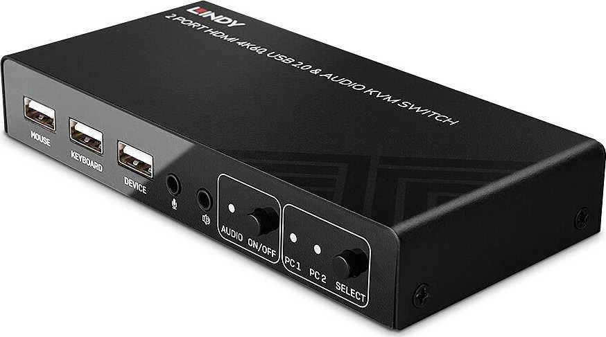 KVM Switch - LINDY 2 Prievadų HDMI 4K60, USB 2.0 ir Garso KVM Switch, Juodas